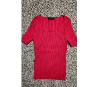 ZESICA Red Ribbed Square Neck Short Sleeve Knit Top Women's‎ Size XL